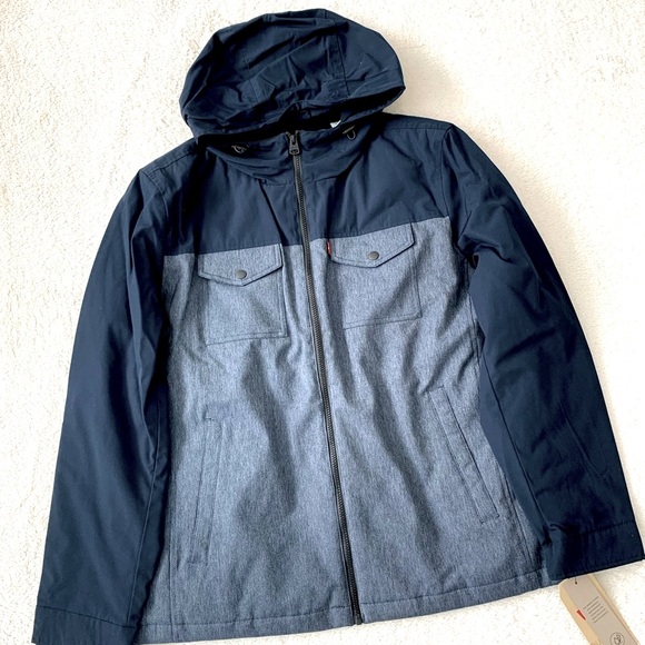 NWT Levi’s Denim Zip Windshield Puff Hoodie Jacket Blue XL - Picture 2 of 10